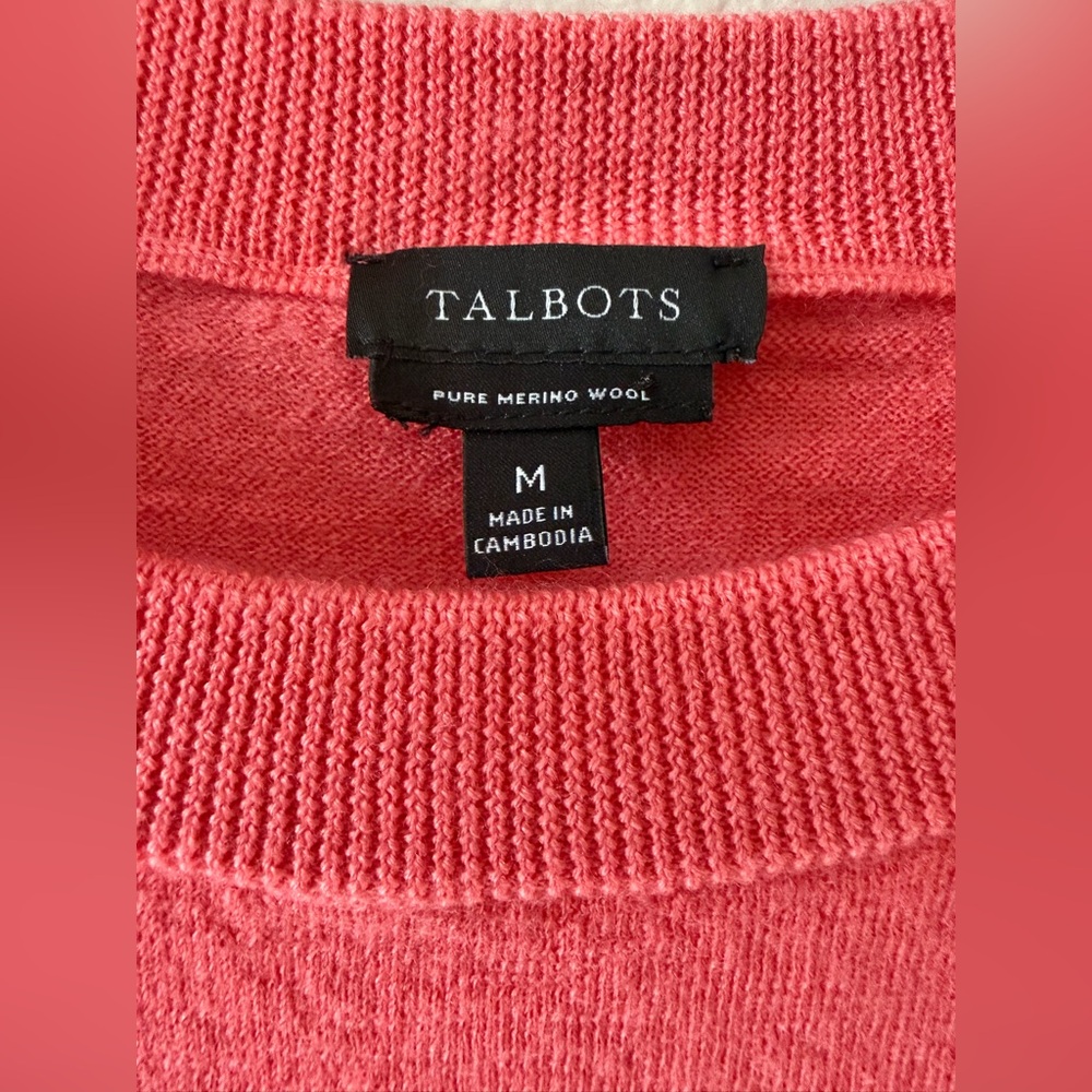 Talbots 100% Merino Wool Pleated Shoulder Sweater Coral Pink Women’s Medium - Picture 6 of 9